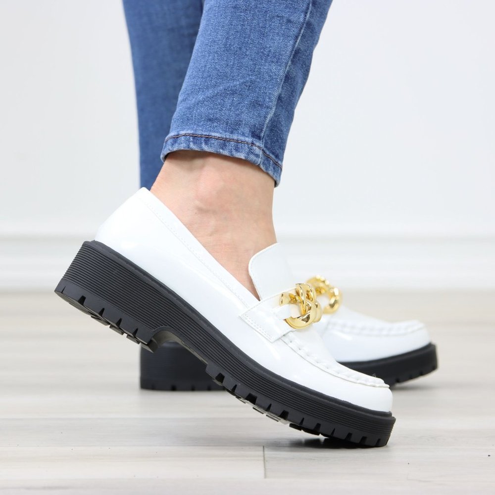 White Patent Chunky Lug Sole Slip On Penny Loafers Platform With Gold Chain - Picture 6 of 16